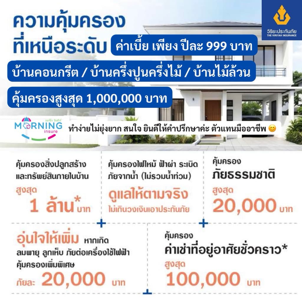 ประกันบ้านอัคคีภัย น้ำท่วม แผ่นดินไหว เพื่ออยู่อาศัย เบี้ยถูก 999 บาท โดยวิริยะประกันภัย