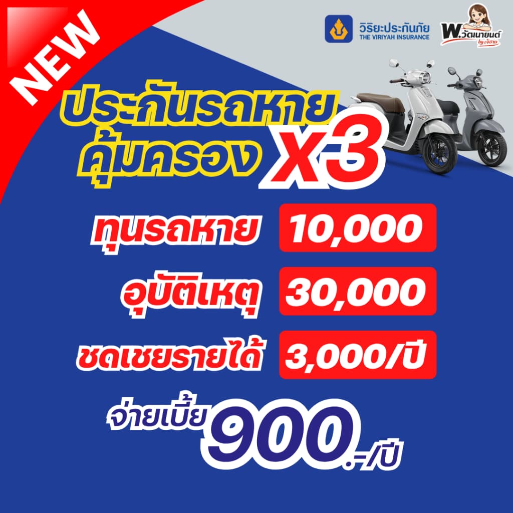 🚨NEW ประกันวิริยะคุ้มครองx3 รถหาย+อุบัติเหตุส่วนบุคคล+ชดเชยรายได้ 3,000 บาท/ปี ไม่ต้องนอนโรงพยาบาล